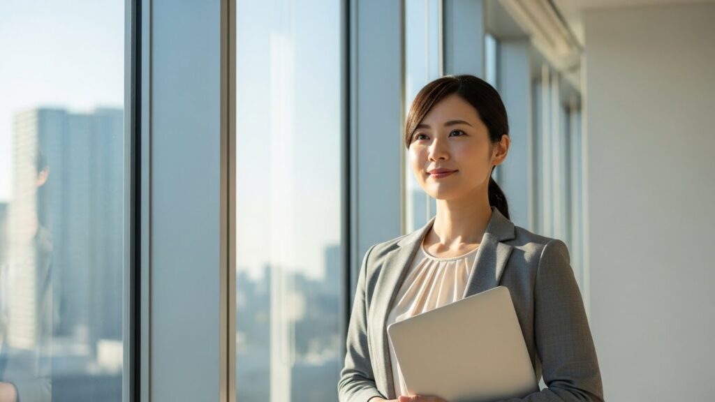 自分の未来を見据え、静かに次の一歩を決める20代日本人のビジネスパーソン。転職準備を終え、前向きな決断へ向かう瞬間を描いたイメージ。