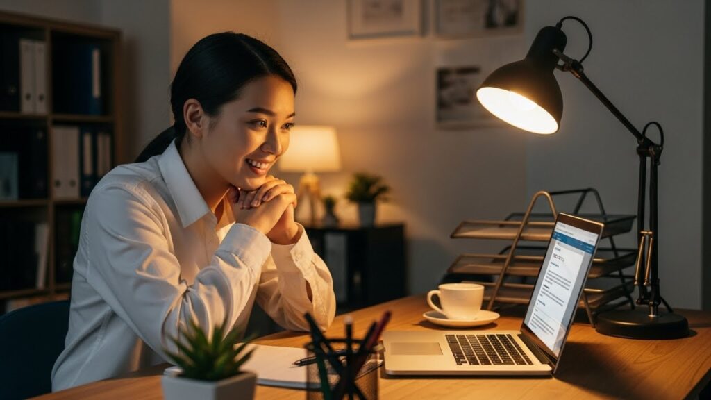 内定通知メールを確認して安心した表情の20代社会人