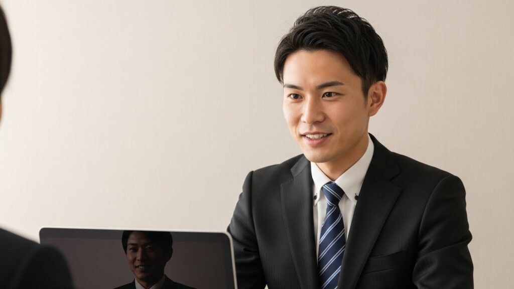 オンライン面接で落ち着いて話す準備をする日本人応募者