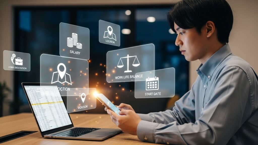 複数の求人票を比較して最適な会社を選ぼうとする日本人会社員